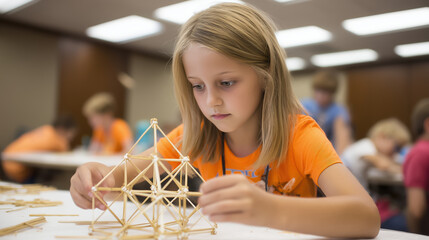 summer stem camps. Young girl focused on building a geometric structure with wooden sticks during a creative workshop, showcasing concentration and hands-on learning in a collaborative environment