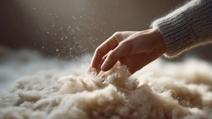 Softness personified a hand gently touches a cloud of fluffy material. Implies comfort, luxury, and natural fibers. Ideal for textiles, skincare, or wellness campaigns.