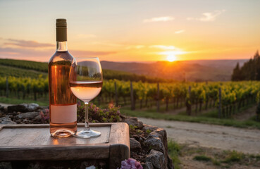 Glass of rose wine sits beside bottle on wooden table at vineyard during golden hour sunset. Breathtaking Tuscan landscape. Refreshing drink offers romantic, relaxing vacation experience with fruity
