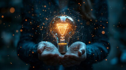 Woman's Hands Gently Hold a Glowing Lightbulb, A Symbol of Innovation and New Ideas