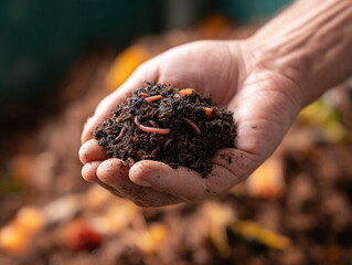 Hand holding rich compost with worms, symbolizing healthy soil, organic gardening, and sustainability. Ideal for environmental or agricultural themes.
