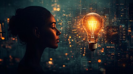 Woman Silhouetted Against Urban Scenery Contemplating Bright Light