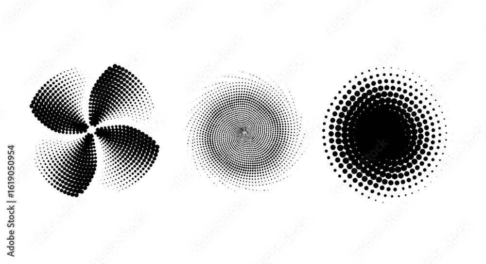 Wall mural abstract geometric design elements. a set of three circular shapes with halftone dot patterns and ra