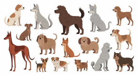 Fototapeta premium A diverse collection of various dog breeds illustrated in a charming flat vector style. Set of cute pet characters.