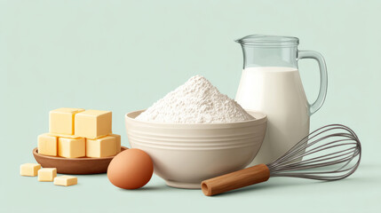 Baking essentials arrangement with flour, butter, milk, egg, and whisk on light background