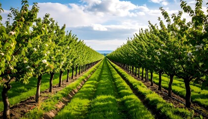 Naklejka premium Lush orchard rows stretching to the horizon