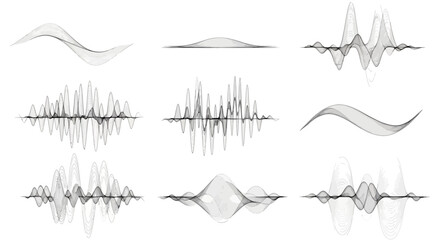 Modern monochrome sound wave illustrations set. High-definition vector audio waveforms and frequency equalizer graphics collection.
