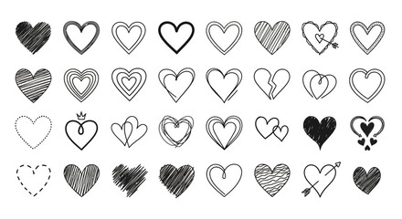 Collection of hand-drawn heart icons. Vector set of black doodle love symbols for Valentine's Day and romance.