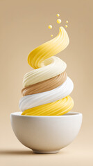 Delicious swirl of vanilla, caramel, and lemon soft serve in white ceramic bowl