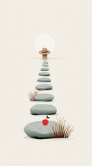 Minimalistic pathway of stones and apple leading to hat in tranquil scene