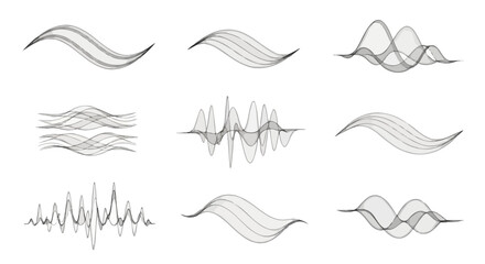 Set of abstract vector sound waves. Collection of monochrome audio frequency and digital equalizer waveform illustrations.