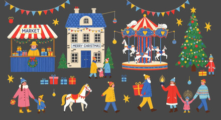 Festive Holiday Market Scene with Carousel and Cheerful People Gathering for Christmas