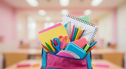 A colorful backpack overflowing with essential school supplies, set against a blurred classroom background for a back-to-school concept.