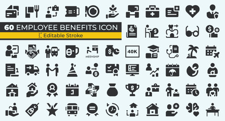 Collection of employee benefits icons representing health insurance retirement plans paid time off and workplace wellness programs
