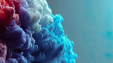 Ink cloud in motion in tones of blue, white and red over light background, Generated with AI
