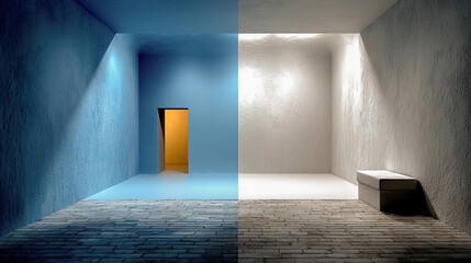 Conceptual room divided with white and blue textures, yellow-lit door in the background, Generated with AI