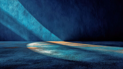 Textured blue wall lit by diagonal light casting shadows on rough floor, Generated with AI