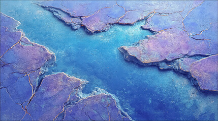 Cracked rock formation in violet and blue tones with detailed texture and turquoise central background, Generated with AI