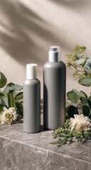 Grey bottles, skincare product mockup, studio setting, sunlight, botanicals
