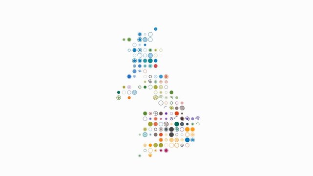 United Kingdom dotted animation. Shape of the country build of pulsating colored dots. Large size circle blocks. Digital style map on white background. Stylish video.