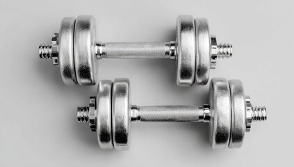 Fototapeta premium Silver dumbbells, gym floor, fitness, workout, overhead shot, healthy lifestyle