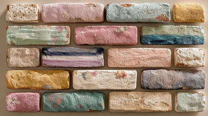 Handcrafted aged-looking bricks with pastel paint in multiple colors and crackled texture, Generated with AI