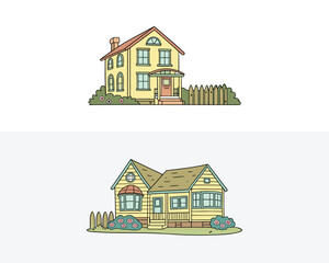 Charming hand drawn illustration of two quaint yellow houses with pitched roofs and fences on a white background