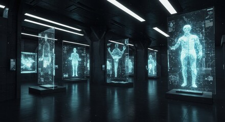 Futuristic medical exhibit with holographic human figures illuminating a dark hall