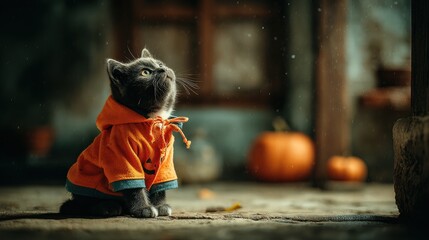 Adorable gray kitten in pumpkin-themed hoodie during autumn season
