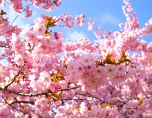 Lush pink cherry blossoms against a clear blue sky