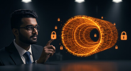 Cybersecurity Architect: An individual in a professional setting actively engages with advanced, glowing digital security technology, embodying modern technological innovation.