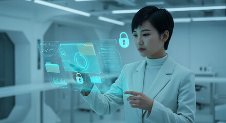 Cyber Security Expert: A focused individual, interacts with futuristic holographic interface, immersed in a high-tech environment symbolizing data protection.