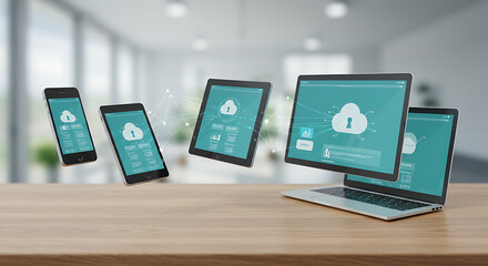 Cloud Synchronization: Various devices connect to the cloud, symbolizing seamless data transfer and storage, showcasing the essence of modern digital connectivity.