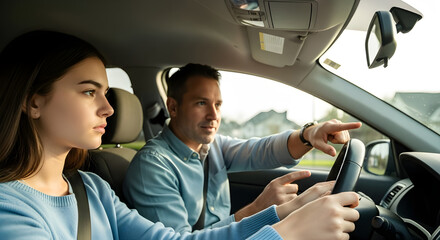 A father patiently teaches his teenage daughter to drive, a heartwarming and authentic moment of bonding, learning, and a key life milestone.