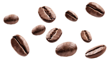 Obraz premium Roasted coffee beans scattered isolated on a transparent background.PNG