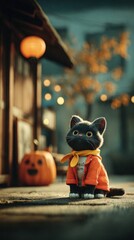 Cute Cat Character in Autumn Setting with Pumpkin and Lanterns