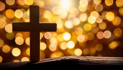 beautiful gold bokeh background with a christian cross