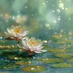 Water lilies blooming in a serene pond, glistening with droplets; dreamy background, ideal for relaxation and spa themes