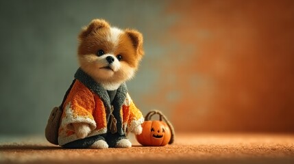 Adorable Pomeranian Toy Dog in Halloween Costume with Pumpkin Prop