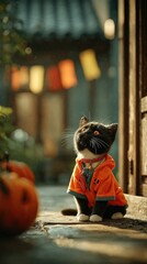 Playful kitten in an orange hoodie near pumpkins outdoors