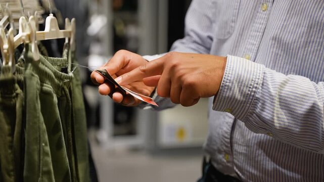 Customer reading clothing label with nfc technology in retail store
