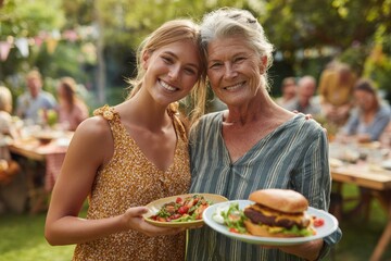Joyful mother and daughter bringing food to a summer garden party with multiple generations