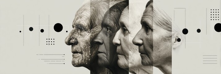 Aging Timeline Concept Showing Face Morphing Progression With Data Visualization Elements in a Minimalistic Design