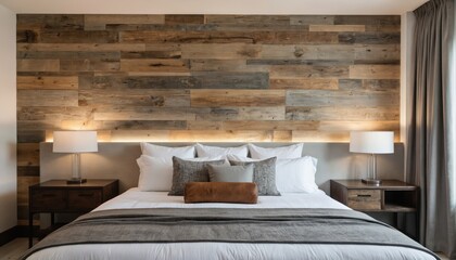 Modern rustic bedroom features king-size bed with white linens, gray throws, leather pillows against reclaimed wood accent wall. Cozy atmosphere with bedside tables, lamps, creating warm, stylish