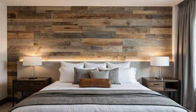 Modern rustic bedroom features king-size bed with white linens, gray throws, leather pillows against reclaimed wood accent wall. Cozy atmosphere with bedside tables, lamps, creating warm, stylish