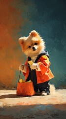 Cute Pomeranian Dog in Colorful Costume with Shopping Bag