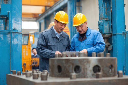 Men are examining steel components for machinery setup A teacher and student team is training on heavy machinery in a steel plant Workers collaborate on quality checks of prod