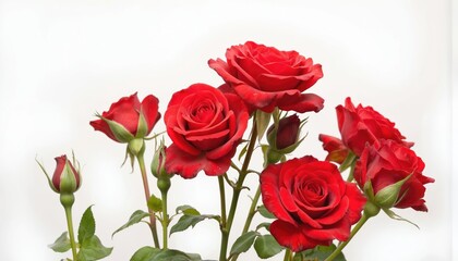 Fototapeta premium Red rose bouquet with buds on green stems against clean white background. Deep red petals show delicate texture, subtle natural imperfections. Ideal for expressing love, celebrating special occasions