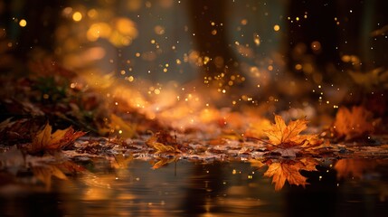 Naklejka premium Fallen golden leaves reflect in water on a forest floor, bokeh lights shimmer