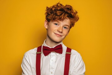 Waist up portrait of a fashionable red haired teenage boy in a white shirt with a red bow tie and suspenders set against a yellow studio background